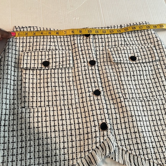 ♻️Shein Curve Black White Silver Houndstooth Frayed Fringe Midi Skirt Black 1XL - Picture 14 of 17